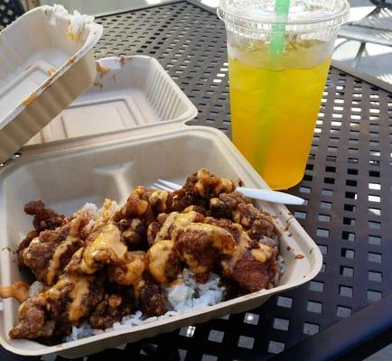 Japanese teriyaki deep fried chicken with spicy mayo on top and rice ($9) & passion fruit green tea ($3) from J. Wok