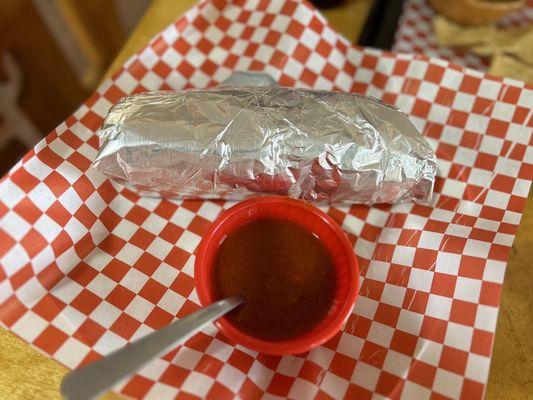 Chicharron burrito with red on the side