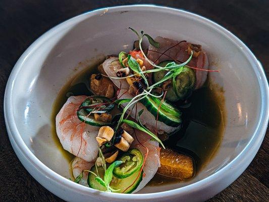 Shrimp Aguachile. Mandarin orange, cucumber, cilantro, chili thread. (A super refreshing dish)