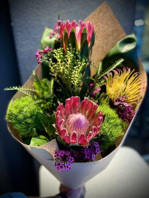 An exotic bouquet of various proteas put together on the spur of the moment.