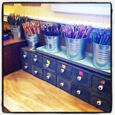 More yummy supplies. Colored pencils and washi tape in the drawers.