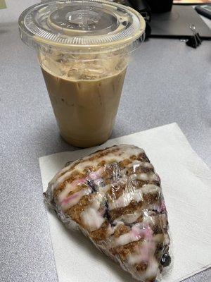 Large Iced Vanilla Latte & a blueberry key lime scone.