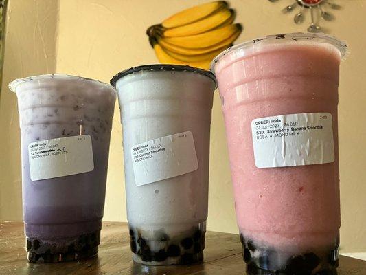 Taro Milk Tea 26%, Coconut Smoothie & Strawberry Banana Smoothie. All with Boba and delicious  ~L.