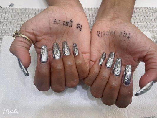 Gel X with chrome powder design