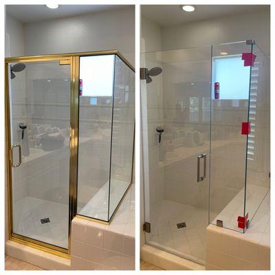 Before and after picture of a framed shower to a frameless shower.