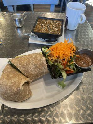 Butternut turkey wrap with a side salad and Chicken chili.