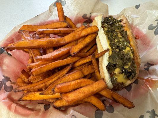 Chili dog with sweet potato fries.