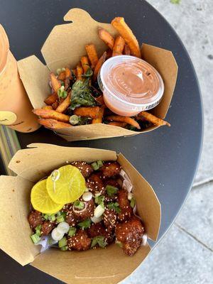 Sweet potato fries and "Popkickin" Chicken.  A play on popcorn chicken.