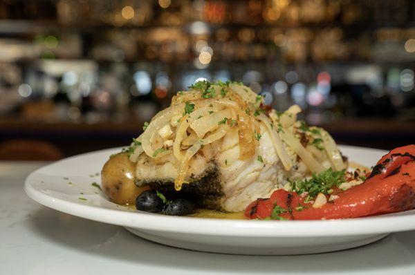 Bacalhau a Lagareiro - Grlled Cod Fillet, Onions, Garlic, Punched Potatoes, Roasted Peppers, Olive Oil