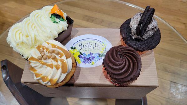 Carrot Loaf Mini, Vegan Cookies and Cream Cupcake, Chocolate Cupcake, and  GF Dulce De Leche Cupcake