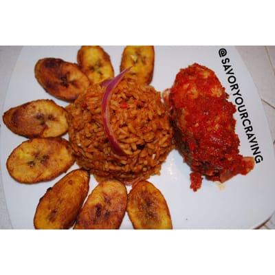 Tasty jollof rice with plantain