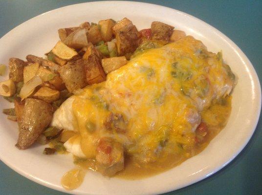 Breakfast Burrito smothered in Green Chili Verde