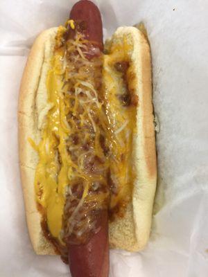 The baseball special $3.95 for an all-beef chili cheese dog