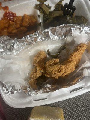 Fried catfish with collard greens  and sweet jams