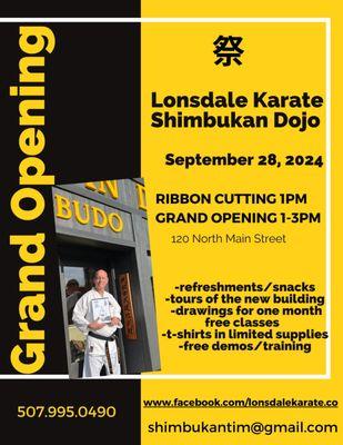 Grand opening flyer for the Shimbukan Dojo