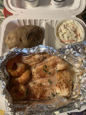 Broiled trio with baked potato and coleslaw