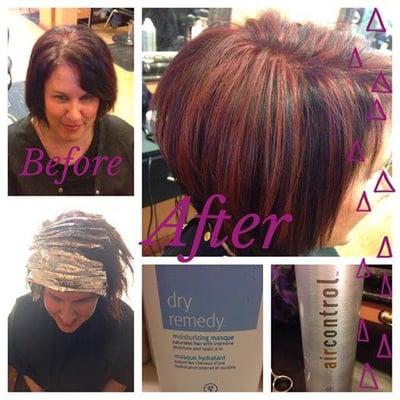 Carrie experimenting with Aveda's new spring colors and reformulated Dry Remedy line.