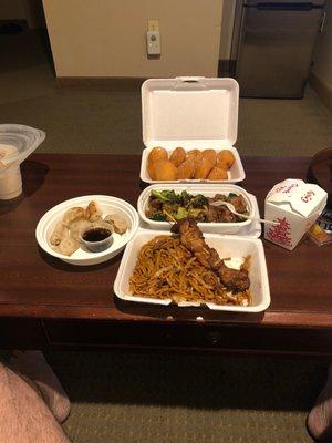 Beef&Broccoli, fried wonton, pork lomein, Bbq chicken, sugar donuts.