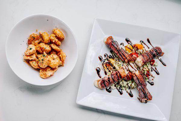 Crispy shrimp and prosciutto wrapped mozarella