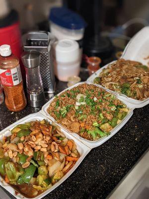 Kung Pao Shrimp, Veggie Fried Rice and Veggie Chow Mein.