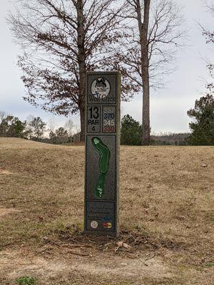 Hole 13 marker. These markers did not match the tee colors nor yardages on the scorecard.