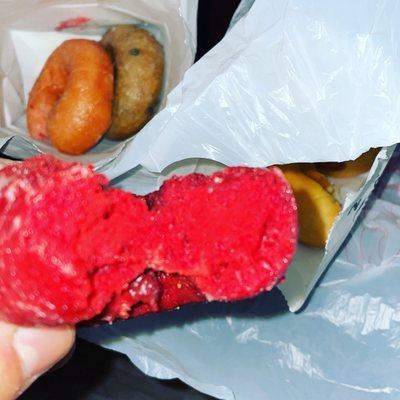 Red Velvet Cake Donut Blueberry Cake Sausage and Cheese Croissant Strawberry cake donut The kountry sausage egg and gravy kolache