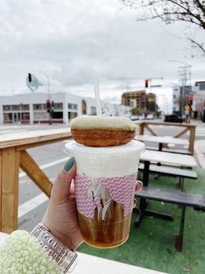 Haupia coconut cream cold brew with matcha donut