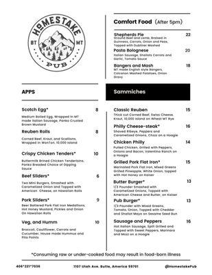 Food menu - comfort food section NOT available on Sundays