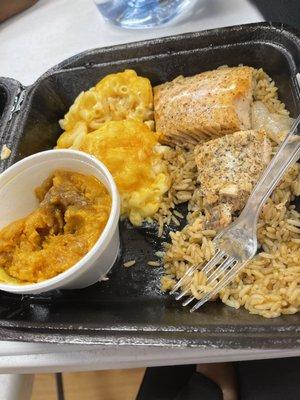 Salmon, Mac and cheese, sweet potato soufflé and white rice.