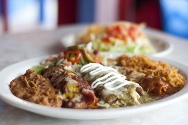 The Elvis Presley Memorial Combo inc. 3 diff enchiladas: Beef Tex-Mex enchilada, cheese Ranchero enchilada & chicken Tomatillo enchilada.