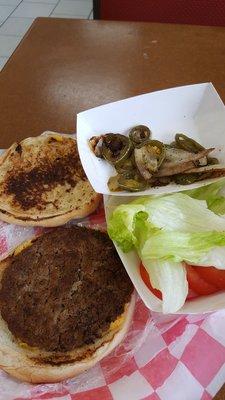 Cheeseburger with grilled onions and jalapenoes $3.49 + $0.40