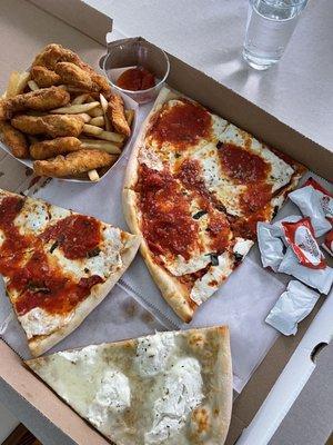 Sicilian Pizza Slice, White Pizza Slice, chicken tenders and fries.