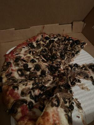 Extra mushroom, black olive and cheese pizza