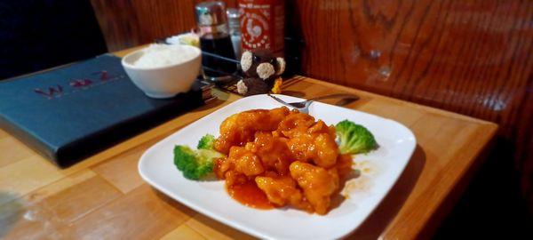 Kids orange chicken with no spice. Includes side of rice. $9.95