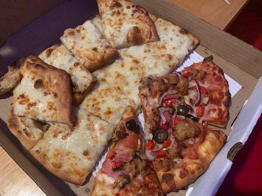 Combo pizza and cheese squares