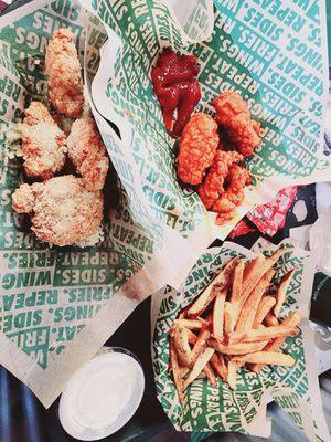 Garlic Parmesean & Regular Hot Sauce wings. Best seasoned fries with catsup & and blue cheese dressing.