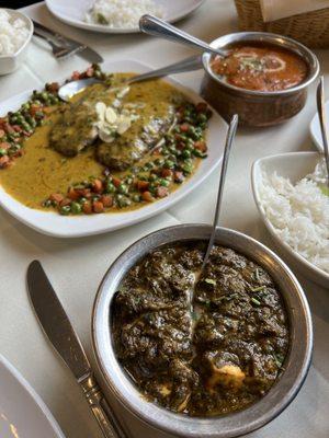 Sag Panneer, Chicken Tikka Masala, and Lamb Pasanda