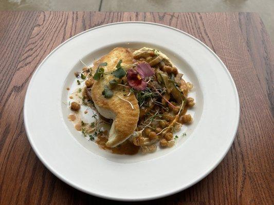 Halibut with hummus, marinated heirloom tomatoes, pickled cucumber, fried chick peas, and pickled tomato vinaigrette