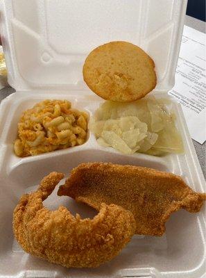 Fried catfish, Mac and cheese, Cabbage, and Cornbread