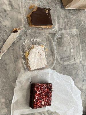 Peanut butter bar, lemon bar, peppermint brownie