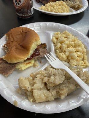 Brisket Sandwich with Mac & Cheese and Fried Potatoes. Try them all