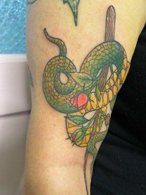 Snake wand with flame on right inner arm! LOOK AT THE DETAIL!