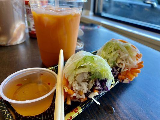 Opened Summer Roll Chicken Avocado and Thai Ice Tea