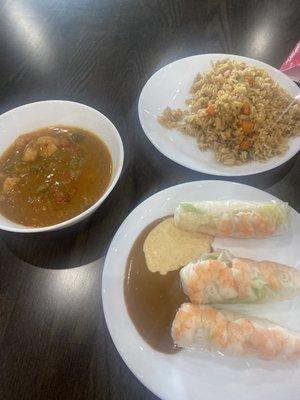 Etoufee, spring rolls, and fried rice