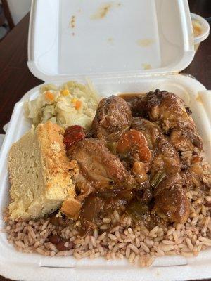 Brown Stew Chicken side of cabbage and Rice & Peas