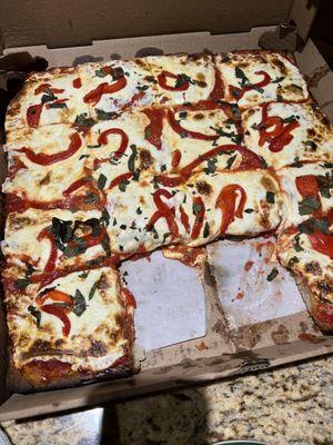 Grandmas pie with roasted red peppers added