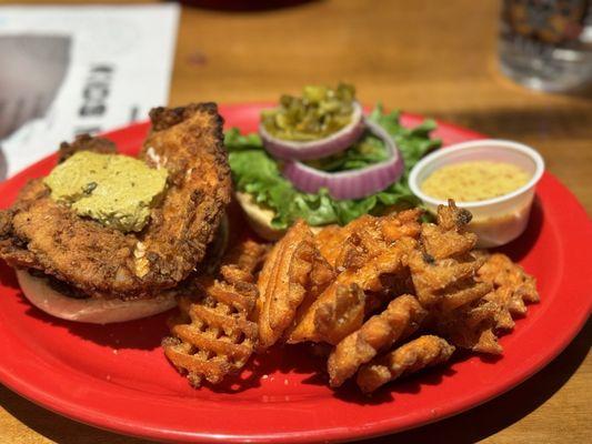 Custom fried chicken burger with waffle fries