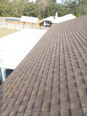 Shingle roof installed with GAF Timberline HDZ Shingles in the color, "Barkwood"