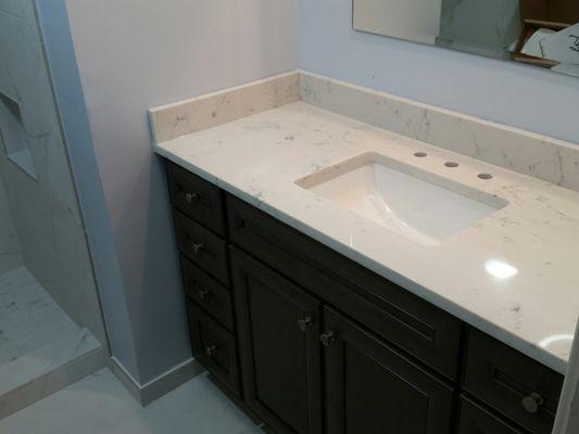 Installed quartz countertop with sink