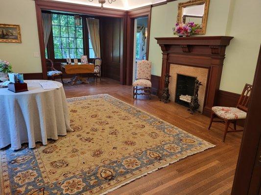 Gamble Gardens  House's  historic refinished white oak flooring to den and library, Palo Alto.